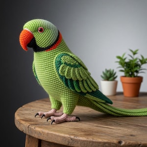 May include: A handcrafted green crochet parrot with a red beak, black details, and red eyes. The bird features detailed wings with dark green edging and is positioned on a wooden table. The parrot's feet are pink with black claws.