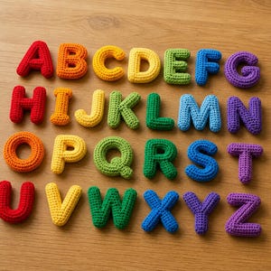 Op de afbeelding: Een volledig alfabet van kleurrijke, gehaakte letters op een houten oppervlak. Elke letter heeft een andere kleur, waaronder rood, oranje, geel, groen, blauw en paars. De letters zijn driedimensionaal en zien er zacht uit.