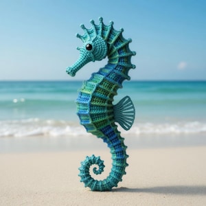 May include: A handcrafted crochet seahorse in shades of teal, blue, and green stands on a sandy beach with the ocean in the background. The seahorse has a detailed, textured design and a curled tail.