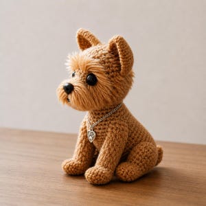 Modello all'uncinetto per cane Yorkshire Terrier in PDF, modello amigurumi di cucciolo realistico, tutorial per realizzare un peluche di cane seduto all'uncinetto, modello di giocattolo Yorkshire Terrier.