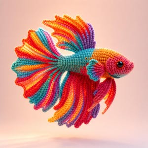 Op de afbeelding: Een levendige, handgemaakte gehaakte Betta-vis in tinten rood, oranje, geel, teal en paars. De vis heeft gedetailleerde vinnen en een getextureerd lichaam, wat het ingewikkelde vakmanschap laat zien. Het kleurrijke ontwerp maakt het een uniek decoratief item.