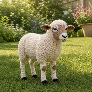 May include: A handcrafted crochet sheep figurine with a cream-colored body, brown face, and ears. The sheep has black hooves and brown patches on its legs. It is standing on green grass in a garden setting.