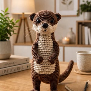 May include: A handmade crochet otter in shades of brown and cream. The otter has a detailed face with black eyes and a cream-colored belly. It stands upright on a wooden surface, showcasing its crocheted texture and craftsmanship. The otter is a decorative item.