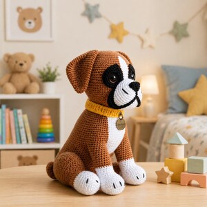 May include: A crocheted boxer dog with brown and white fur, black eyes, and a yellow collar. The handmade dog has a small tag and is sitting on a wooden surface. The background includes a shelf with books, a teddy bear, and a star garland.