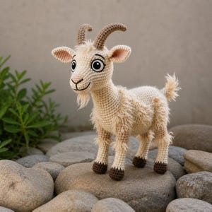 May include: A cream-coloured crochet goat figurine with brown horns and hooves. The goat has a smiling face with large eyes and a small beard. The goat is standing on grey stones. A charming handmade toy.