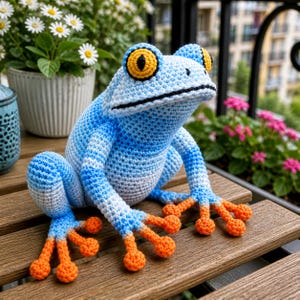 May include: A handmade crochet frog in shades of blue, white, and orange. The frog has large yellow and black eyes, and orange feet. The frog is sitting on a wooden surface, with flowers in the background.