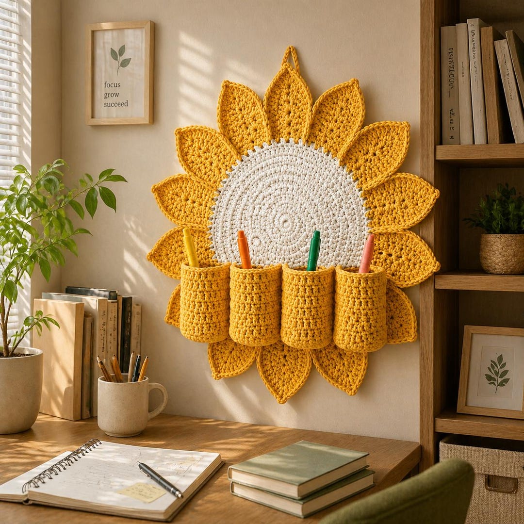 Crochet Sunflower Wall Organizer Pattern PDF, Hanging Pocket Storage ...