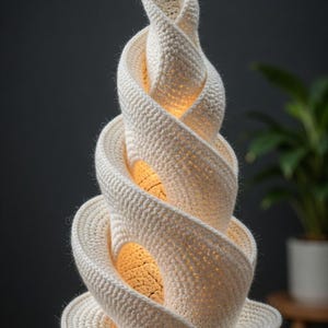 May include: A cream-colored, spiral-shaped crochet lamp. The lamp has a unique design with a series of interwoven loops, creating a textured surface. Warm light emanates from within the loops, adding a cozy ambiance. The lamp sits on a wooden surface.