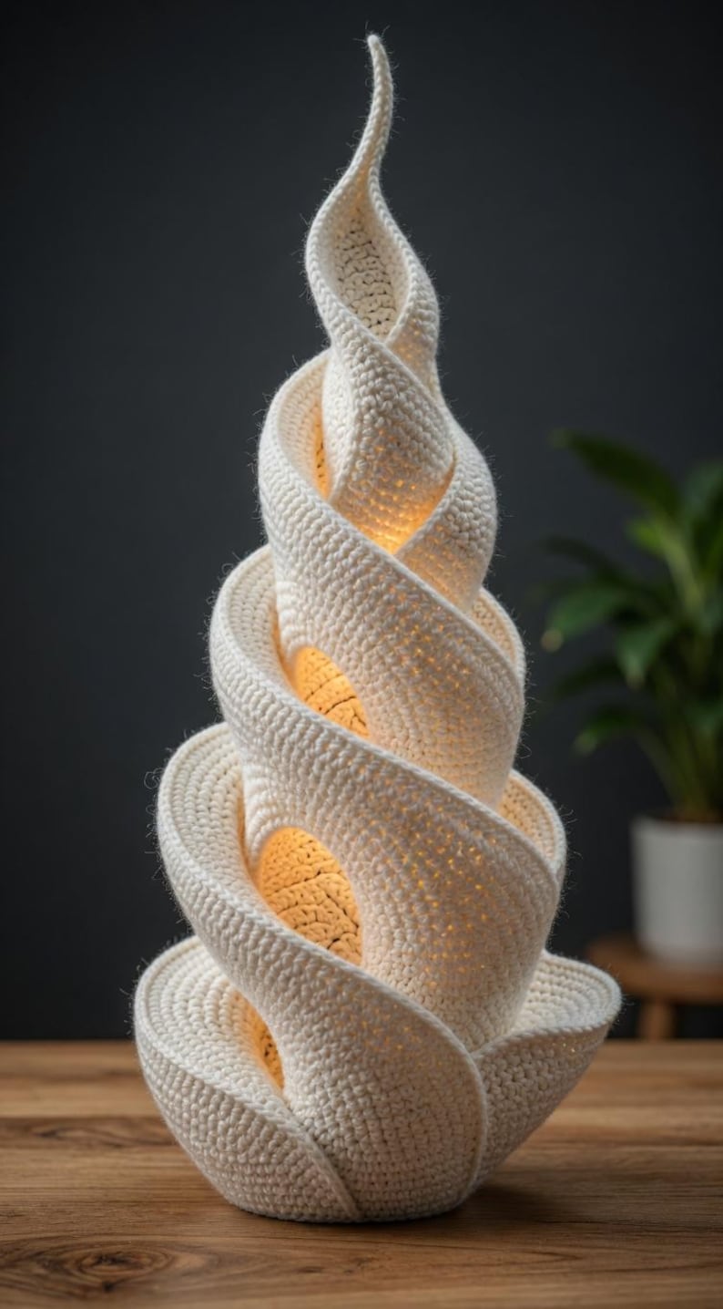 May include: A cream-colored, spiral-shaped crochet lamp. The lamp has a unique design with a series of interwoven loops, creating a textured surface. Warm light emanates from within the loops, adding a cozy ambiance. The lamp sits on a wooden surface.