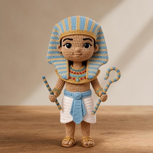May include: A crocheted doll of an Egyptian pharaoh. The doll wears a blue and gold headdress, a beaded collar, and a white skirt with blue accents. It holds a staff and a crook, both with blue and gold details. The doll is approximately 8 inches tall.