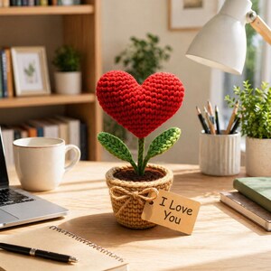 Può includere: Un fiore a forma di cuore all'uncinetto fatto a mano in un piccolo vaso intrecciato. Il cuore rosso ha foglie verdi e uno stelo. Una piccola etichetta recita "I Love You". Il vaso è legato con un fiocco e poggia su una scrivania di legno.