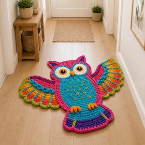 May include: A colorful, handmade owl rug with outstretched wings. The rug features a vibrant palette of pink, blue, orange, yellow, and green. The owl's eyes are large and round, with a white and yellow design. The rug is made of yarn and is placed on a wooden floor.