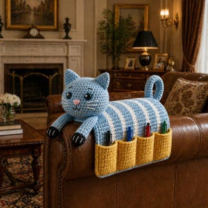 Patrón PDF de organizador de brazo de sofá con forma de gato a crochet, organizador de sofá amigurumi con forma de gato, patrón de bolsillo de almacenamiento a crochet, organizador de reposabrazos de sofá DIY