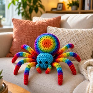 May include: A colorful, crocheted spider toy with a rainbow-colored body and legs. The spider's head is blue, and its body is a vibrant mix of rainbow hues. The toy is sitting on a beige couch with decorative pillows.