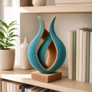 Op de afbeelding: Een turquoise en bruin gehaakte sculptuur met een druppelvorm, rustend op een vierkante basis. De sculptuur staat op een houten plank met boeken en een plant in een pot. De binnenkant van de sculptuur is bruin en de buitenkant is turquoise.
