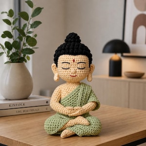 May include: A crocheted Buddha statue in a seated meditation pose. The figure has a black hair bun, closed eyes, and a red dot on the forehead. It is wearing a light green shawl and is sitting on a green crocheted cushion. The statue is on a wooden table.
