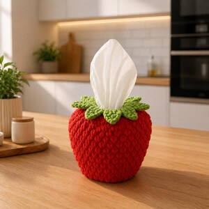 May include: A red crocheted strawberry tissue box cover with green leaves. White tissues are pulled from the top. The handmade cover is on a wooden surface. The kitchen background includes plants and a cutting board.