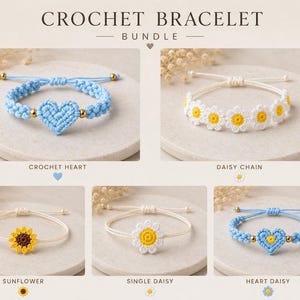 May include: A selection of crochet bracelets, featuring a blue heart design, a daisy chain, a sunflower, a single daisy, and a heart daisy. The image includes the text "CROCHET BRACELET BUNDLE".