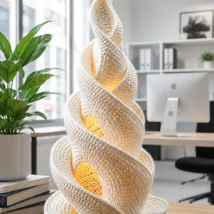 May include: A cream-colored, spiral-shaped lamp made of crocheted material. The lamp has a unique, flowing design with internal lighting that casts a warm glow. It sits on a wooden desk in a well-lit office setting.