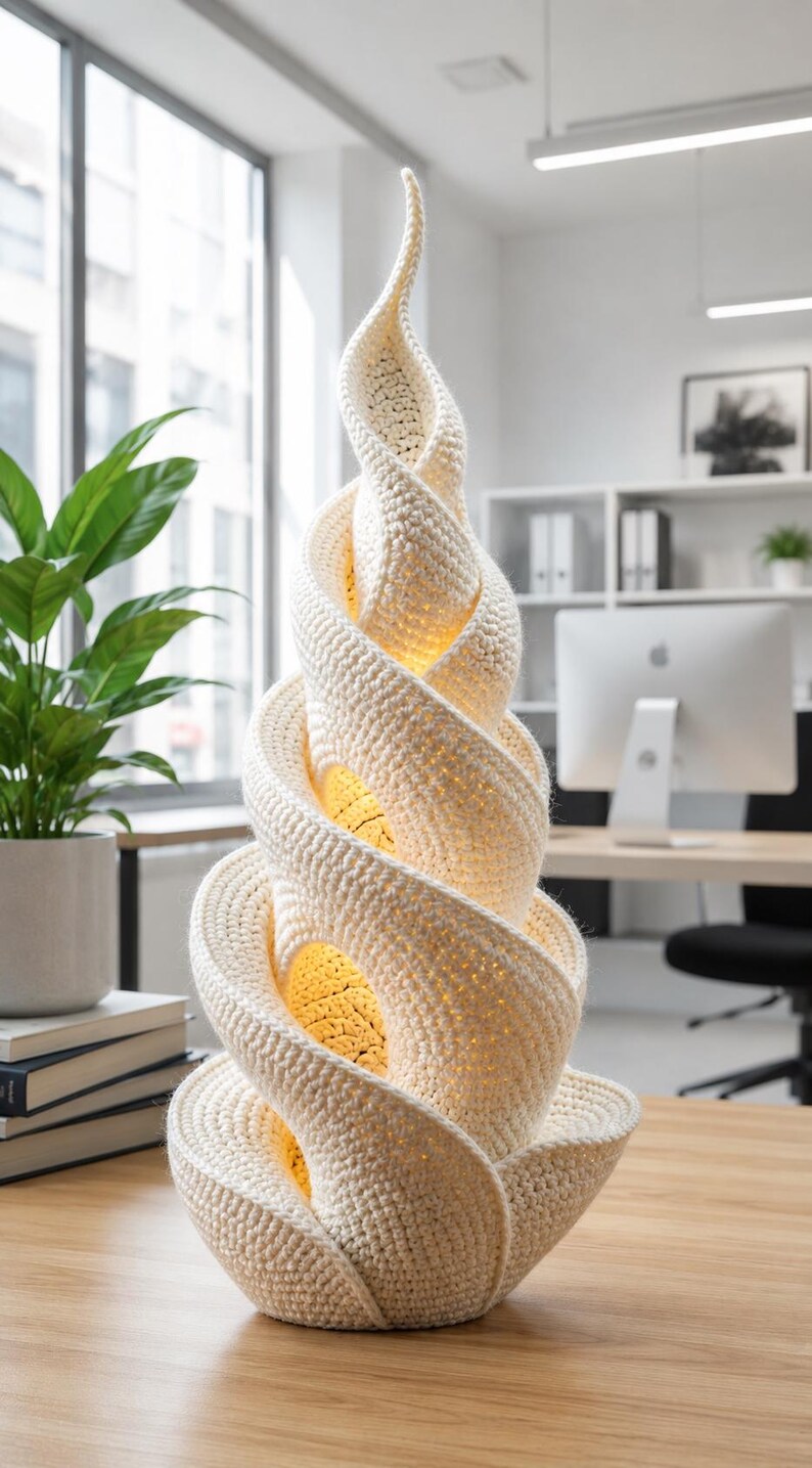 May include: A cream-colored, spiral-shaped lamp made of crocheted material. The lamp has a unique, flowing design with internal lighting that casts a warm glow. It sits on a wooden desk in a well-lit office setting.