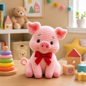 Könnte beinhalten: Ein handgehäkeltes rosa Schwein mit roter Schleife. Das Schwein hat schwarze Knopfaugen, eine rosa Schnauze und große, schlaffe Ohren. Es sitzt auf einer Holzoberfläche mit anderem Holzspielzeug, darunter ein Stapelringspielzeug und Bauklötze.