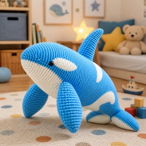 Puede incluir: Un gran peluche de orca de ganchillo azul y blanco hecho a mano. El juguete tiene un diseño detallado con vientre y marcas blancas, ojos negros y aleta dorsal. Está sobre una alfombra estampada.