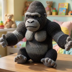 May include: A handmade crochet gorilla plush toy in shades of gray and black, with a light gray face, chest, and striped arms. The gorilla is sitting on a wooden table, with its arms outstretched. The toy is designed for children.