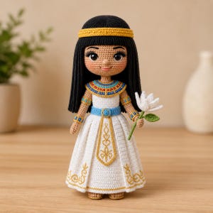 以下が含まれることがあります： エジプトの女王を表現したかぎ針編みの人形。金色のアクセントが付いた白いドレス、青いベルト、金色のヘアバンドを着用しています。人形は黒髪で、白い花を持っています。人形の高さは約25cmです。