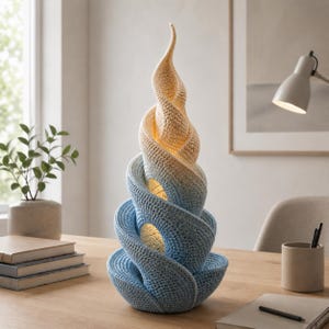May include: A unique, handcrafted lamp with a spiral design. The lamp is made of crocheted yarn, transitioning from blue at the base to a golden yellow at the top. The lamp is lit from within, creating a warm glow.