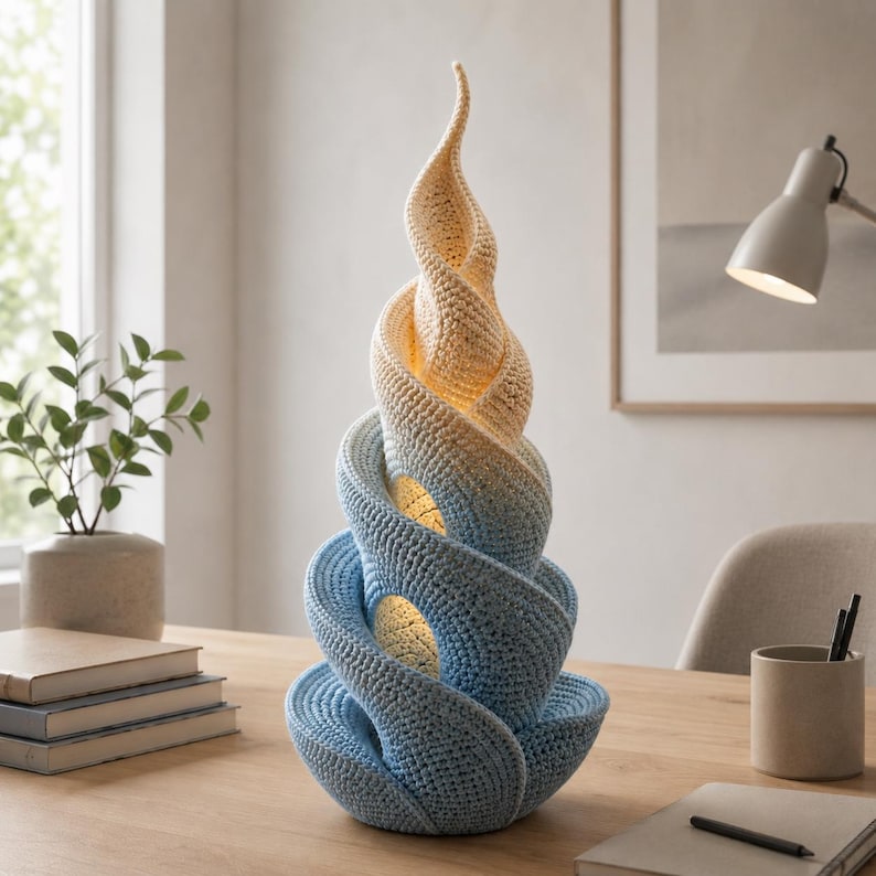 May include: A unique, handcrafted lamp with a spiral design. The lamp is made of crocheted yarn, transitioning from blue at the base to a golden yellow at the top. The lamp is lit from within, creating a warm glow.