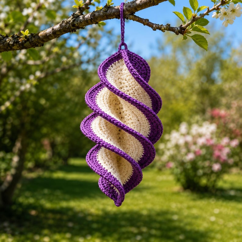 May include: A handmade, spiral-shaped crochet hanging decoration. The piece features a cream-colored center with a vibrant purple border and spiral accents. It is suspended from a tree branch against a blurred background of greenery and flowers.