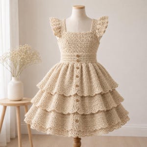 Könnte beinhalten: Ein cremefarbenes Häkelkleid mit quadratischem Ausschnitt und gerüschten Ärmeln. Das Kleid hat ein tailliertes Oberteil mit Holzknöpfen und einen mehrlagigen, gewellten Rock. Das Kleid wird auf einer Schaufensterpuppe präsentiert.
