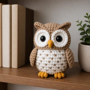 Puede incluir: Una figura de búho de ganchillo hecha a mano. El búho tiene cabeza y alas marrones, pecho blanco y patas y pico amarillos. Tiene grandes ojos negros y está sobre una estantería de madera.
