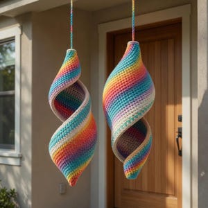 May include: Two hanging, spiral-shaped crochet decorations. Each is a vibrant rainbow of colors, suspended by a matching cord. The open design reveals the interior, creating a unique, eye-catching display. The crochet work is detailed and textured.