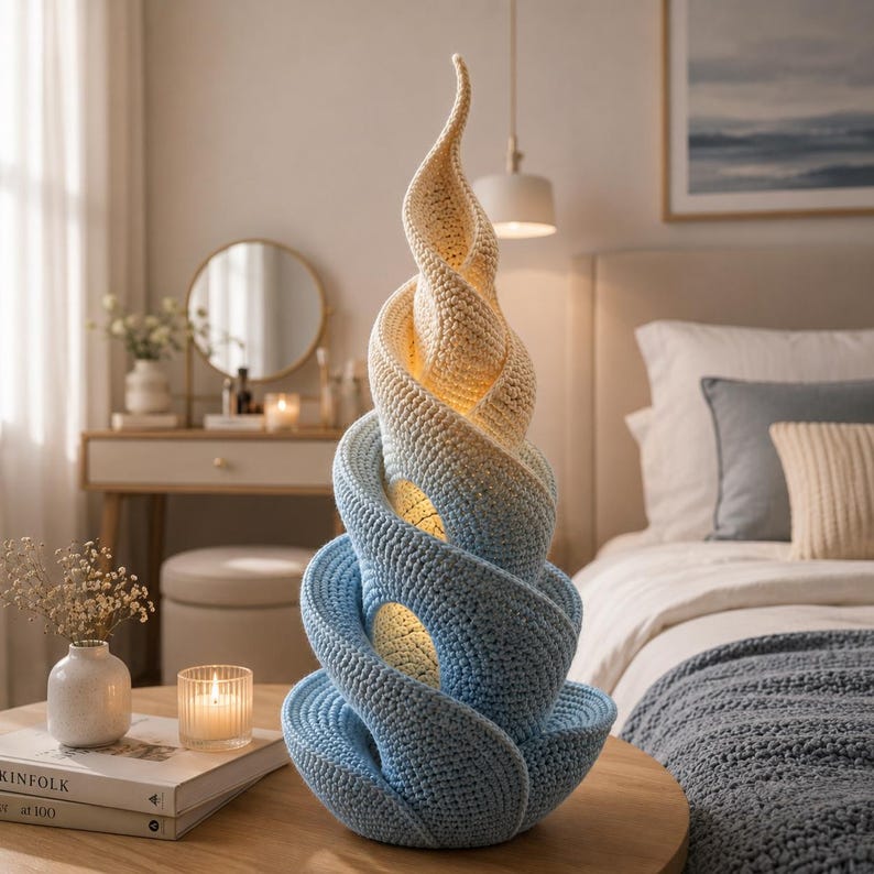 May include: A unique, handcrafted crochet lamp in a spiral design. The lamp transitions from a light blue base to a cream-colored top. The lamp has a textured appearance and emits a warm glow. The lamp is a decorative accent piece.