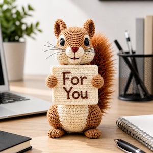 May include: A crocheted squirrel figurine in shades of brown, cream, and orange, holding a sign that reads "For You." The squirrel has black eyes, whiskers, and a fluffy tail. It is sitting on a wooden desk with a laptop, notebook, and pen in the background.
