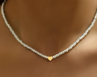 Beaded Heart Necklace – Minimalist Gold Charm, Summer Jewelry