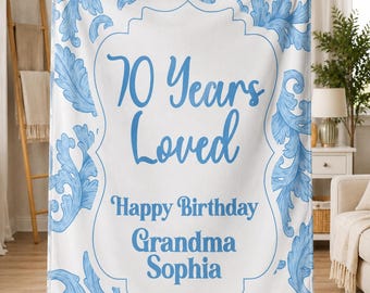 Personalized Floral Milestone Birthday Blanket, Custom 70th Birthday Gift for Grandma, Minky Sherpa Fleece