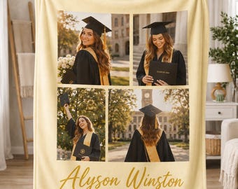 Graduation Photo Collage Blanket, Personalized Photo & Text Throw, Grad Keepsake Gift, Minky Sherpa Fleece