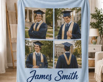 Personalized Graduation Photo Blanket, Custom Senior Collage Throw Gift For Graduate, Minky Sherpa Fleece
