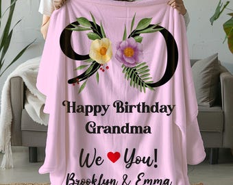 Personalized Floral 90th Birthday Blanket for Grandma, Custom Grandkids Names Cozy Throw, Milestone Gift