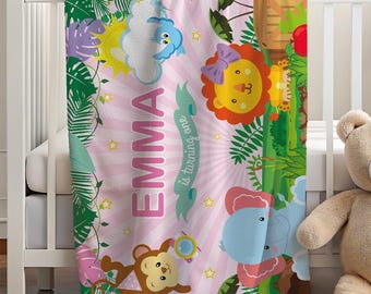 Personalized Baby Blanket, Custom Nursery Throw, Jungle Animal Blanket for Boys & Girls