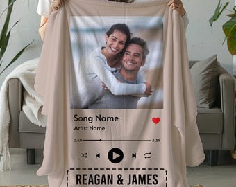 Custom Couple Song Blanket with Photo & Music Player Design, Personalized Anniversary Gift Throw