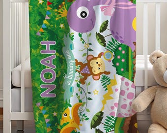 Personalized Dinosaur Blanket Gift, Custom Baby Boy Gift, Jungle Animal Gift, Minky Nursery Throw