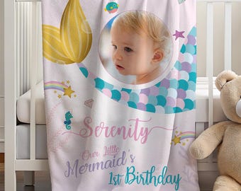 Baby Girl 1st Birthday Blanket with Photo, Personalized Mermaid Birthday Gift, Minky Nursery Throw