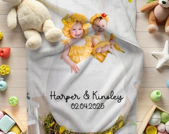 Personalized Baby Photo Blanket, Custom Minky Sherpa Throw Gift For Toddlers, Twin Babies Gift