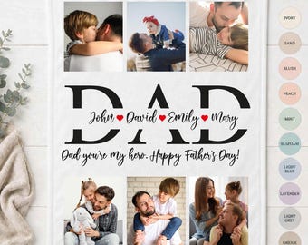 Personalized Father's Day Photo Collage Blanket, Dad You Are My Hero, Soft Family Blanket