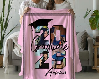 Personalized Graduation Collage Blanket, Custom Class Of 2026 Photo Throw, Cozy Graduation Gift