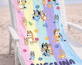 Personalized Cartoon Beach Towel, Custom Name Kids Gift, Pastel Bluey Bath Towel for Babies