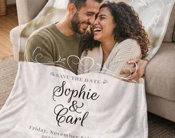 Custom Save The Date Blanket, Personalized Photo Blanket, Engagement Gift for Couple, Wedding Announcement Throw